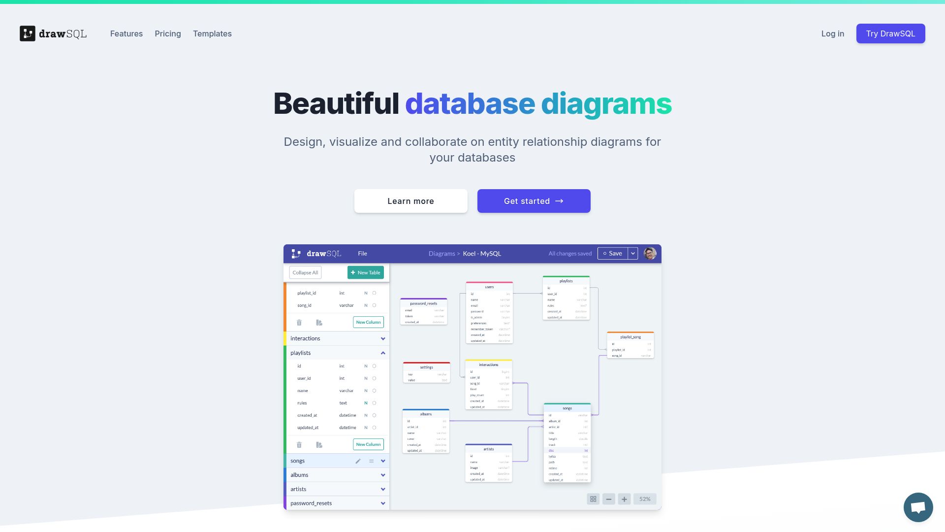 <h2>Collaborative tool for creating, visualizing, and sharing database diagrams.</h2><hr><h3><strong>1. Overview</strong></h3><p>DrawSQL is a web-based tool that helps developers, data architects, and product teams design, visualize, and collaborate on entity-relationship (ER) diagrams. It enables teams to map out complex database structures, document relationships, and share diagrams easily with stakeholders. With a clean drag-and-drop interface and real-time collaboration, DrawSQL is ideal for teams working on data-driven products or managing scalable architectures.</p><hr><h3><strong>2. Key Features</strong></h3><ul><li><p><strong>Drag-and-drop ER diagram builder</strong>: Visually model tables and relationships.</p></li><li><p><strong>AI diagram generation</strong>: Generate database schemas from natural language (AI feature).</p></li><li><p><strong>Real-time collaboration</strong>: Invite teammates to co-edit and comment on diagrams.</p></li><li><p><strong>Dark and light modes</strong>: Customize interface for better readability.</p></li><li><p><strong>Template library</strong>: Access ready-made schema templates for common use cases.</p></li><li><p><strong>Diagram versioning</strong>: Track changes and restore previous versions.</p></li><li><p><strong>Team folders</strong>: Organize diagrams by projects or teams.</p></li><li><p><strong>Read-only sharing</strong>: Share diagrams securely with external viewers.</p></li><li><p><strong>Export options</strong>: Download diagrams as PNG, SVG, or PDF.</p></li><li><p><strong>SQL import/export</strong>: Generate diagrams from SQL or export diagram to SQL.</p></li></ul><hr><h3><strong>3. Type / Platform / Pricing / Integrations</strong></h3><ul><li><p><strong>Type:</strong><br><code>Workflow Boosters</code>, <code>Analytics &amp; Insights</code><br>DrawSQL supports database design and collaboration workflows for engineers and product teams.</p></li><li><p><strong>Platform:</strong><br><code>Web</code><br>Runs entirely in the browser — no installation required.</p></li><li><p><strong>Pricing:</strong><br>• <strong>Hobby Plan</strong> – $0/month: 1 private diagram, limited features<br>• <strong>Startup Plan</strong> – $15/month: up to 10 diagrams, AI generation, team folders<br>• <strong>Business Plan</strong> – $39/month/user: unlimited diagrams, audit logs, priority support<br>✅ <strong>Free Plan available</strong>, <strong>Free Trial</strong> included for paid tiers</p></li><li><p><strong>Integrations:</strong><br>• <strong>Development</strong>: SQL import/export<br>• <strong>Collaboration</strong>: Team sharing, link-based access<br>• <strong>API Access</strong>: not available</p></li></ul><hr><h3><strong>4. Best For</strong></h3><ul><li><p>Developers designing and documenting databases</p></li><li><p>Product teams planning data architecture collaboratively</p></li><li><p>Data analysts visualizing relational structures</p></li><li><p>Engineering teams syncing schema documentation</p></li></ul><hr>