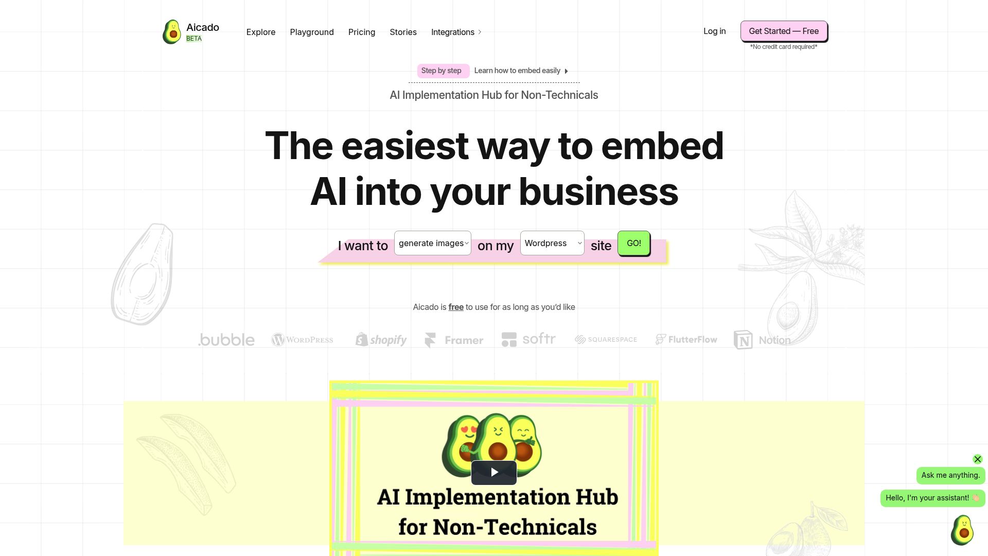 <h2>AI implementation hub for non-technical users.</h2><hr><h3>1. Overview</h3><p>Aicado is a no-code AI implementation platform designed to help non-technical users integrate and deploy AI models into their websites and applications. It offers a variety of embeddable AI tools, including chatbots, image analysis, and data processing, which can be customized and embedded without coding. Aicado provides access to over 20 AI models and supports integration with platforms like Bubble.io and Framer.</p><hr><h3>2. Key Features</h3><ul><li><p><strong>Embeddable AI Tools:</strong> Easily integrate AI functionalities into websites and apps without coding</p></li><li><p><strong>Customizable Chatbots:</strong> Train and deploy chatbots tailored to specific needs</p></li><li><p><strong>API Access:</strong> Utilize Aicado's API for advanced integrations and functionalities</p></li><li><p><strong>Bubble.io Plugin:</strong> Integrate Aicado's AI tools into Bubble.io applications</p></li><li><p><strong>Framer Integration:</strong> Embed AI models into Framer projects for enhanced interactivity</p></li><li><p><strong>Credit-Based System:</strong> Flexible usage with a pay-as-you-go credit model</p></li><li><p><strong>Team Collaboration:</strong> Collaborate with team members under a shared account</p></li><li><p><strong>White Labeling:</strong> Option to remove Aicado branding from embedded tools</p></li><li><p><strong>Multiple Domain Support:</strong> Host AI tools across multiple domains</p></li><li><p><strong>Super Agent Tools:</strong> Access tools for web crawling, text-to-speech, and more</p></li></ul><hr><h3>3. Type / Platform / Pricing / Integrations</h3><ul><li><p><strong>Type:</strong><br><code>Content Generation</code>, <code>Workflow Boosters</code><br>Aicado supports content creation and enhances workflows by providing customizable AI tools that can be embedded into various platforms.</p></li><li><p><strong>Platform:</strong><br><code>Web</code><br>Aicado is accessed through a web interface, allowing users to manage and deploy AI tools directly from their browsers.</p></li><li><p><strong>Pricing:</strong></p><ul><li><p><strong>Free Plan:</strong> Access to all AI models, embeddable tools, API, and Bubble.io plugin. Includes 250 credits upon first login</p></li><li><p><strong>Credit System:</strong></p><ul><li><p>500–4,999 credits: $0.01 per credit</p></li><li><p>5,000–19,999 credits: $0.009 per credit</p></li><li><p>20,000–49,999 credits: $0.0085 per credit</p></li><li><p>50,000–99,999 credits: $0.008 per credit</p></li><li><p>100,000–149,999 credits: $0.0075 per credit</p></li><li><p>150,000+ credits: $0.007 per credit</p></li></ul></li><li><p><strong>Team Plan:</strong> Allows multiple users to collaborate under the same account</p></li><li><p><strong>Add-ons:</strong></p><ul><li><p>Additional Domains: $6 per domain</p></li><li><p>White Labeling: $19/month to remove branding</p></li></ul></li></ul></li><li><p><strong>Integrations:</strong><br><code>API Available</code>, <code>Framer</code><br>• Productivity &amp; Collaboration: Bubble.io</p></li></ul><hr><h3>4. Best For</h3><p>Non-technical users, small businesses, and teams looking to integrate AI functionalities into their websites or applications without coding.</p><hr>