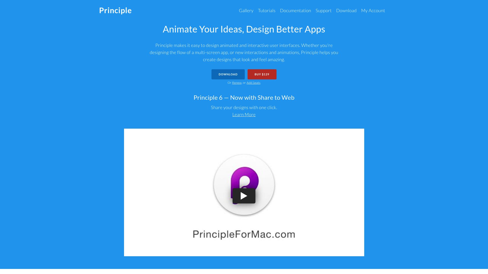 <h2>Mac app for animated, interactive UI design and prototyping.</h2><hr><h3><strong>1. Overview</strong></h3><p>Principle is a macOS-based design tool for creating animated and interactive user interfaces. It allows designers to build sophisticated micro-interactions and transitions using a timeline editor and intuitive visual interface. With native support for Figma and Sketch imports, Principle is ideal for designers working on high-fidelity UI animations for mobile, desktop, or web applications. It's especially suited for solo designers and teams focused on visual storytelling and interaction motion.</p><hr><h3><strong>2. Key Features</strong></h3><ul><li><p><strong>Timeline editor</strong> – animate layers and properties with keyframes</p></li><li><p><strong>Component-based design</strong> – create reusable interactive elements</p></li><li><p><strong>Drivers system</strong> – animate based on scroll, hover, and gesture inputs</p></li><li><p><strong>Figma and Sketch import</strong> – bring in UI designs seamlessly</p></li><li><p><strong>Real-time preview</strong> – test animations instantly on Mac</p></li><li><p><strong>Principle Mirror</strong> – preview designs live on iOS devices</p></li><li><p><strong>Custom transitions</strong> – link screens with animated interactions</p></li><li><p><strong>Vector editing tools</strong> – tweak designs directly in the app</p></li><li><p><strong>Video and GIF export</strong> – share animations with stakeholders</p></li><li><p><strong>Offline usage</strong> – fully functional without an internet connection</p></li></ul><hr><h3><strong>3. Type / Platform / Pricing / Integrations</strong></h3><ul><li><p><strong>Type:</strong><br><code>Prototyping</code>, <code>UI Design</code>, <code>AI Visuals</code><br>Principle supports motion design, animated UI prototyping, and visual storytelling with precision control over transitions and interactions.</p></li><li><p><strong>Platform:</strong><br><code>macOS</code><br>Principle is a native macOS application. Preview available via iOS app.</p></li><li><p><strong>Pricing:</strong><br>• <strong>Free Download</strong> – try the app before purchasing (no time limit specified)<br>• <strong>Paid License</strong> – $129 one-time payment per user<br>Includes all features and one year of free updates. You can keep using the app forever or purchase another year of updates later.</p></li><li><p><strong>Integrations:</strong><br>• <code>Figma</code>, <code>Sketch</code><br>• Productivity &amp; Collaboration: None listed<br>• API Access: Not available</p></li></ul><hr><h3><strong>4. Best For</strong></h3><ul><li><p>Designers building animated and interactive UI flows</p></li><li><p>Mobile UI and motion designers working on micro-interactions</p></li><li><p>Visual storytellers prototyping transitions and gestures</p></li><li><p>Teams needing offline design and animation tools</p></li></ul><hr>