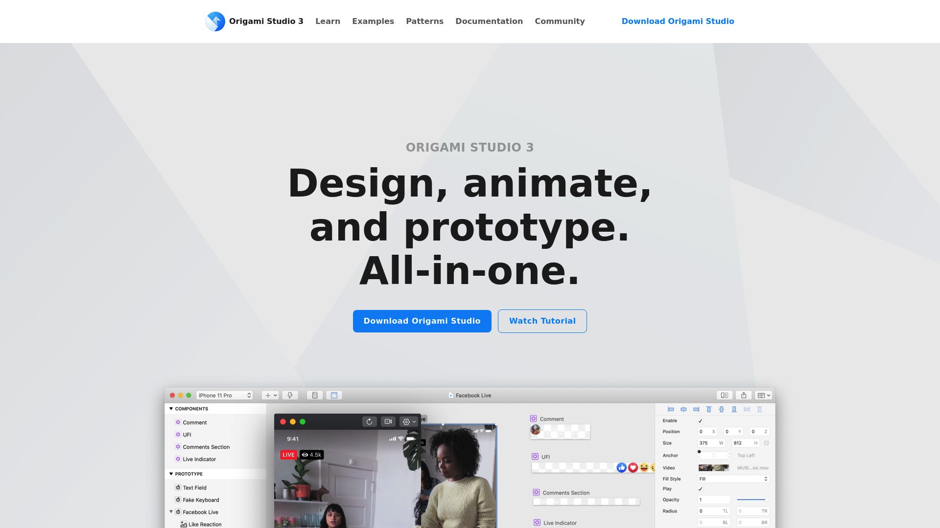 <h2>Free prototyping tool for building interactive, high-fidelity interfaces.</h2><hr><h3><strong>1. Overview</strong></h3><p>Origami Studio is a free prototyping tool developed by Meta (formerly Facebook) to design and test advanced, interactive user interfaces. Originally built for internal use, it enables designers to create logic-based prototypes with animations, gestures, and live data. With a node-based interaction system and deep control over behaviors, Origami Studio is ideal for UI/UX designers creating mobile, desktop, or AR/VR experiences.</p><hr><h3><strong>2. Key Features</strong></h3><ul><li><p><strong>Patch editor system</strong>: Build interactions using a visual logic editor with patches.</p></li><li><p><strong>High-fidelity prototyping</strong>: Create complex animations, transitions, and gestures.</p></li><li><p><strong>Live preview on device</strong>: Mirror your prototype in real time on iOS devices.</p></li><li><p><strong>Figma and Sketch import</strong>: Preserve layers and structure when importing from design tools.</p></li><li><p><strong>Advanced animations</strong>: Control timing, spring physics, and dynamic interactions.</p></li><li><p><strong>Reusable components</strong>: Build and reuse custom components across projects.</p></li><li><p><strong>Live data support</strong>: Pull in real data using JSON or text for realistic previews.</p></li><li><p><strong>Version control</strong>: Organize iterations with built-in versioning.</p></li><li><p><strong>Origami Live app</strong>: Test prototypes natively on mobile devices.</p></li><li><p><strong>Free to use</strong>: No licensing or subscription fees required.</p></li></ul><hr><h3><strong>3. Type / Platform / Pricing / Integrations</strong></h3><ul><li><p><strong>Type:</strong><br><code>Prototyping</code>, <code>UI Design</code>, <code>Workflow Boosters</code>, <code>User Testing</code><br>Origami Studio supports detailed interaction design and prototyping, helping designers test UX behavior before development.</p></li><li><p><strong>Platform:</strong><br><code>macOS</code>, <code>Mobile</code><br>Runs as a macOS desktop application, with companion iOS app (Origami Live) for testing on mobile devices.</p></li><li><p><strong>Pricing:</strong><br>Completely <strong>Free</strong> to use<br>✅ <strong>Free Plan available</strong>, no limits or trials</p></li><li><p><strong>Integrations:</strong><br>• <strong>Design Tools</strong>: Figma, Sketch<br>• <strong>Development</strong>: JSON data integration<br>• <strong>API Access</strong>: not available</p></li></ul><hr><h3><strong>4. Best For</strong></h3><ul><li><p>UX designers creating interactive mobile or AR/VR prototypes</p></li><li><p>Design teams testing animation-heavy interfaces</p></li><li><p>Product teams validating flows before handoff</p></li><li><p>Designers who want full control over motion and behavior</p></li></ul><hr>