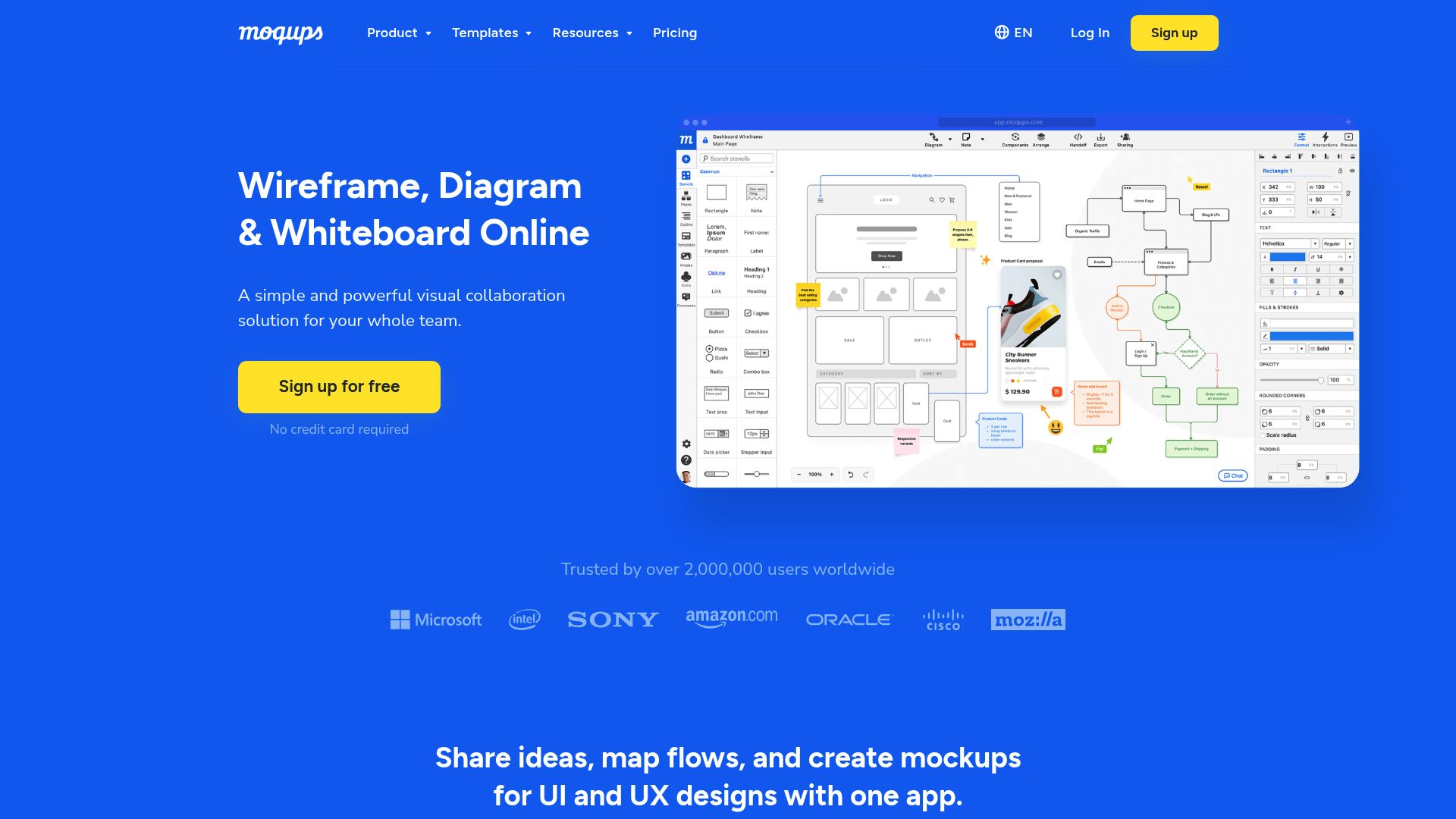 <h2>Web-based tool for wireframing, mockups, diagrams, and prototypes.</h2><hr><h3><strong>1. Overview</strong></h3><p>Moqups is an all-in-one online design platform for creating wireframes, mockups, UI concepts, flowcharts, and interactive prototypes. It allows teams to work collaboratively in real time, streamlining communication and feedback. With a drag-and-drop editor and extensive stencil library, it’s ideal for UX designers, product managers, and development teams. Moqups eliminates the need to switch between tools during the early stages of design and planning.</p><hr><h3><strong>2. Key Features</strong></h3><ul><li><p><strong>Wireframing tools</strong> – quickly create low- and high-fidelity wireframes</p></li><li><p><strong>UI mockups</strong> – design screens and interfaces using prebuilt components</p></li><li><p><strong>Interactive prototypes</strong> – simulate navigation and user flows</p></li><li><p><strong>Diagramming</strong> – build flowcharts, sitemaps, and organizational charts</p></li><li><p><strong>Real-time collaboration</strong> – multiple users can edit and comment simultaneously</p></li><li><p><strong>Team workspaces</strong> – manage permissions, projects, and assets centrally</p></li><li><p><strong>Extensive stencil library</strong> – access pre-designed elements for common use cases</p></li><li><p><strong>Drag-and-drop editor</strong> – intuitive and easy-to-use interface</p></li><li><p><strong>Commenting and feedback</strong> – collect and manage team input directly in designs</p></li><li><p><strong>Cloud-based access</strong> – work from any device, no software installation needed</p></li></ul><hr><h3><strong>3. Type / Platform / Pricing / Integrations</strong></h3><ul><li><p><strong>Type:</strong><br><code>UI Design</code>, <code>Prototyping</code>, <code>Workflow Boosters</code>, <code>UX Research</code><br>Moqups supports interface design, team collaboration, and early-stage research workflows through wireframing, prototyping, and visual planning.</p></li><li><p><strong>Platform:</strong><br><code>Web</code><br>Moqups is fully browser-based with no installation required.</p></li><li><p><strong>Pricing:</strong><br>• <strong>Free Plan</strong> – 1 project, 200 objects, 5 MB storage<br>• <strong>Pro Plan</strong> – $9/month per user (billed annually), unlimited projects, advanced features<br>• <strong>Enterprise Plan</strong> – custom pricing, advanced security and team management<br><strong>Free Trial available</strong> on paid plans</p></li><li><p><strong>Integrations:</strong><br>• <code>Slack</code>, <code>Google Drive</code><br>• Productivity &amp; Collaboration: Microsoft Teams, Atlassian Confluence, Jira<br>• API Access: No public API listed</p></li></ul><hr><h3><strong>4. Best For</strong></h3><ul><li><p>UX and UI designers creating wireframes and screen mockups</p></li><li><p>Product teams planning flows and collecting feedback</p></li><li><p>Project managers aligning team structure and design vision</p></li><li><p>Agencies needing a collaborative prototyping tool</p></li></ul><hr>
